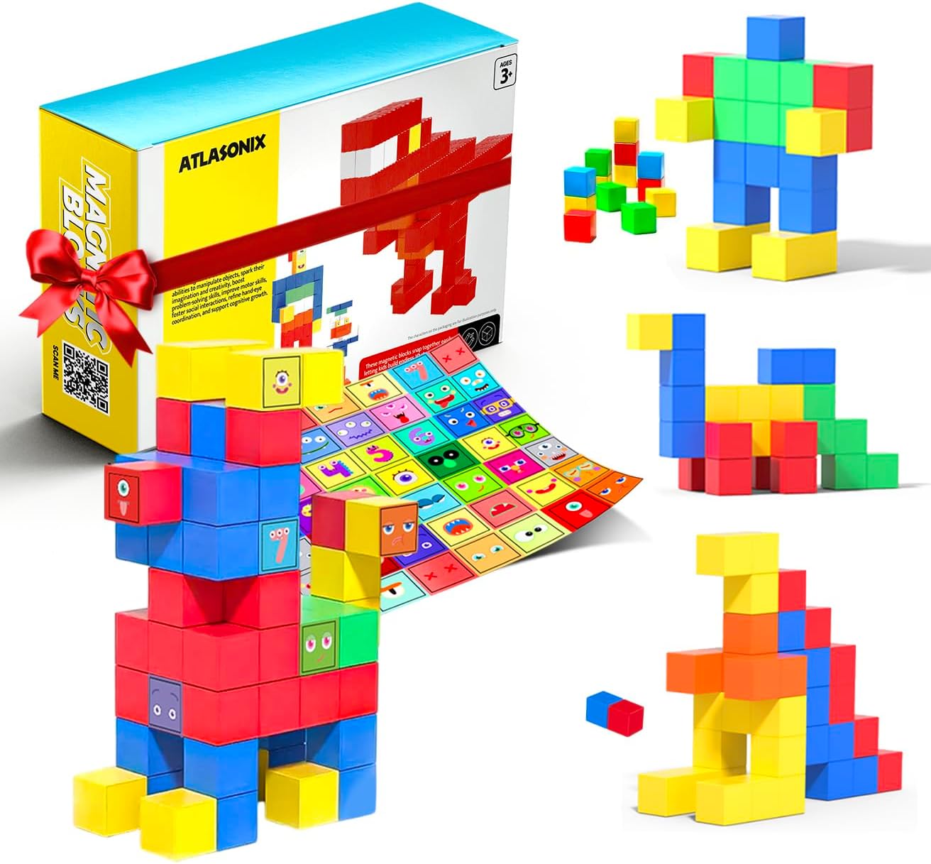Magnetic Blocks for Kids Ages 3-8, 56 Magnetic Building Cubes & 54 Educational Stickers, STEM Magnet Cube Toy for Boys & Girls. Magnetic Cubes for Learning & Creative Play