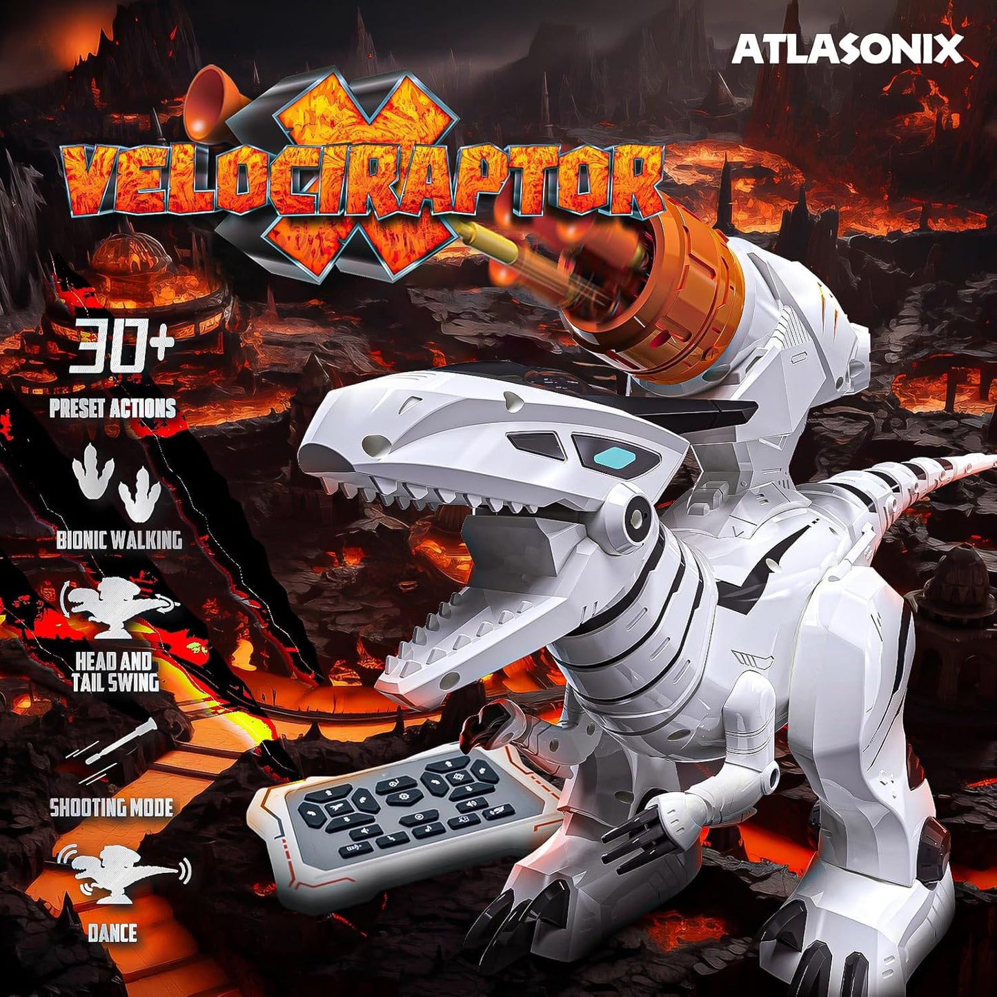 Atlasonix Dinosaur RC Robot Toy for Kids Ages 3-7 - Remote Control Jurassic T-Rex with Shooting & Lights - Walking Dino with Music & Dance for Boys & Girls