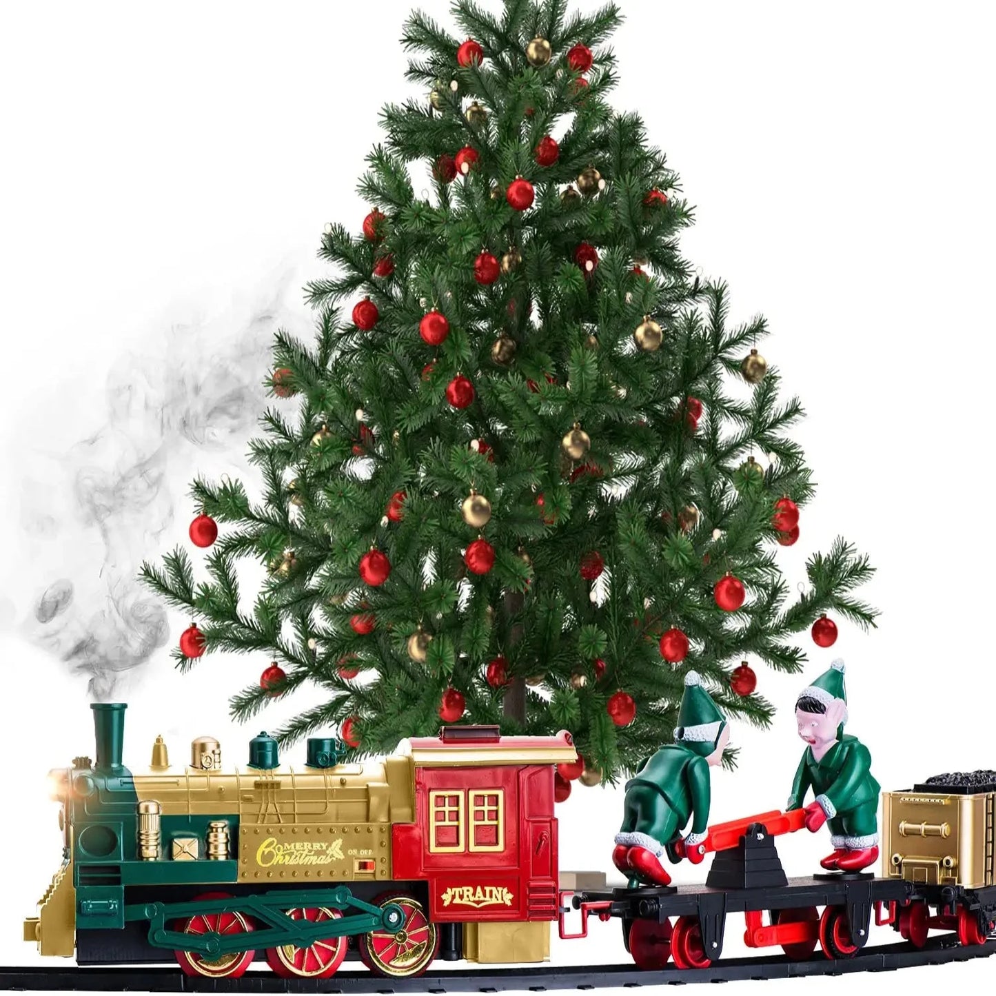Christmas tree train set top with smoke